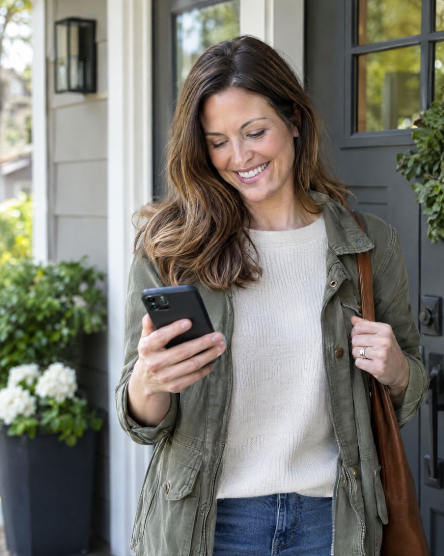 A homeowner reading a review request on her phone