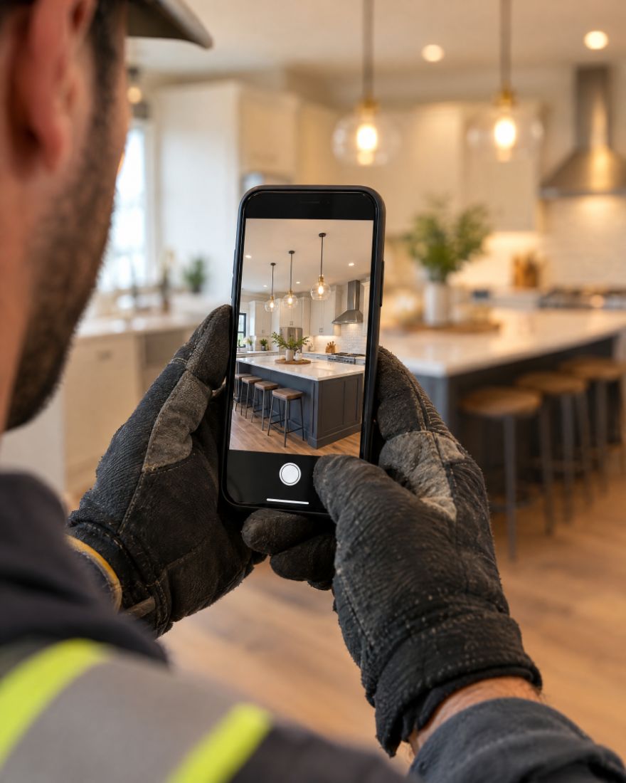A crew member photographing a finished kitchen
